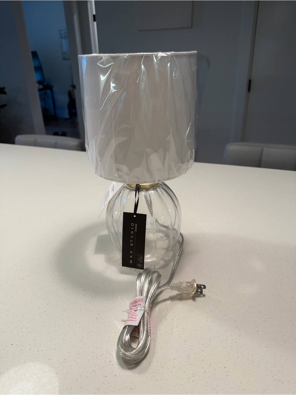 Max Studio Clear Glass Table Lamp with White Shade